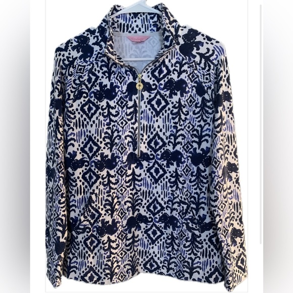 Lilly Pulitzer Tops - Lilly Pulitzer Blue White Ikat Elephant Skipper Pop-over Quarter Zip